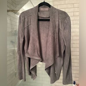 Gray faux suede draped front moto jacket. Size L.